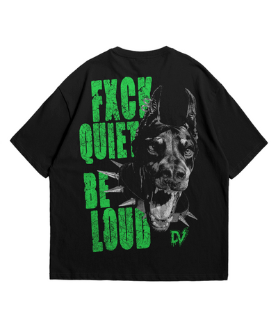 Black t-shirt with green text and a dog graphic 