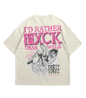 Beige t-shirt with pink and black graphic design on a white background